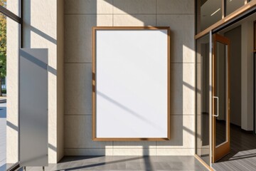 Empty wooden frame poster board in modern lobby with sunlight  