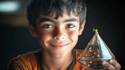Boy joyfully showcasing glass pyramid in warm light display