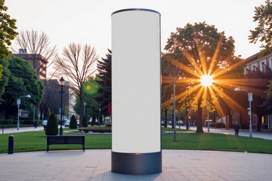 Modern advertising column in park during sunset with lens flare  