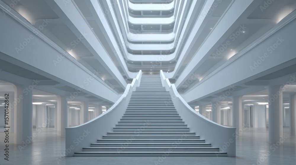 Poster a striking grand staircase leads upward in a minimalistic white interior that emphasizes clean lines