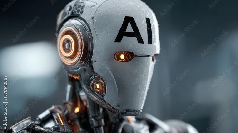 Poster a sleek robot equipped with high-tech features stands in a modern lab environment. the metallic surf