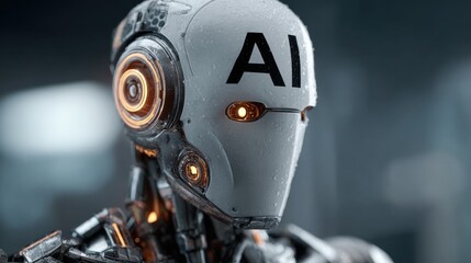 Fototapeta premium A sleek robot equipped with high-tech features stands in a modern lab environment. The metallic surface reflects soft lighting, highlighting its sophisticated design and AI branding.