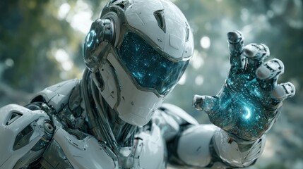 A sleek, futuristic robot examines its glowing hand, surrounded by lush greenery and dappled sunlight filtering through the trees. It stands in a serene forest.