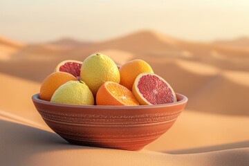 A terracotta bowl filled with juicy oranges, grapefruits, and lemons sits in a desert landscape.