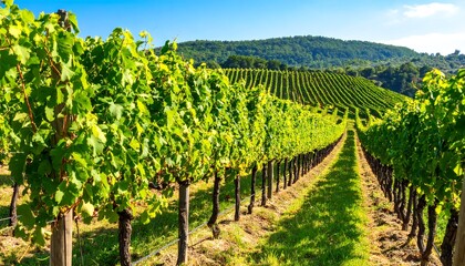 Lush vineyard rows under a bright sky