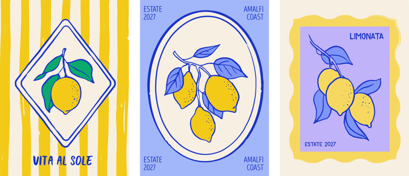 Vintage summer designs with lemon illustrations and seamless patterns.