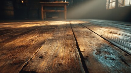 Obraz premium Sunlight streams through a window, illuminating the rugged wooden floor of a cozy cabin. Dust particles dance in the light, creating a warm atmosphere during the early morning.