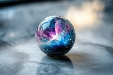 A glass sphere encapsulates a vibrant nebula, mirroring the cosmos within a miniature universe.