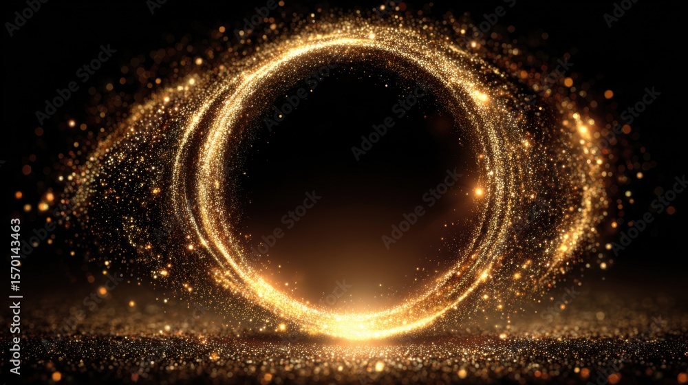 Poster A captivating display of swirling golden particles forms a circular shape against a deep black backdrop, creating a mesmerizing visual effect that draws attention.