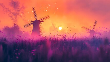 PPng of Vibrant Sunset Landscape Digital Painting of Windmills in Purple Fields Artistic Nature Scene Dusk Orange Sky Rural Scene on Transparent Background