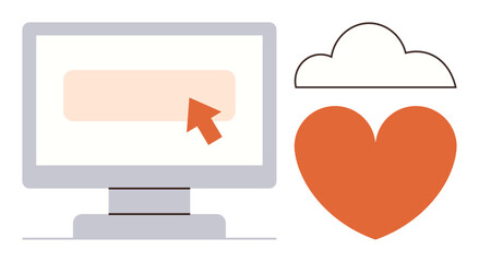 Computer monitor with cursor pointing at button, cloud above red heart emphasizing technology, communication, community. Ideal for digital connection, cloud computing, love, sharing, support user