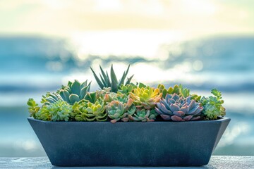 A vibrant arrangement of succulents in a sleek grey planter, set against a sun-drenched ocean backdrop.