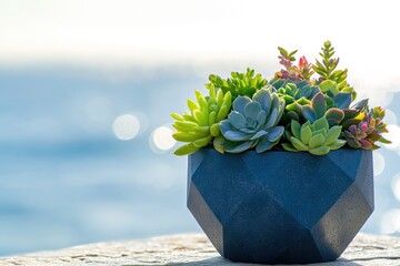 A vibrant arrangement of succulents in a geometric blue pot, set against a serene ocean backdrop.