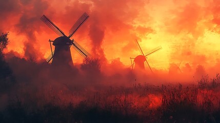 PPng of Fiery Sunset Dramatic Windmills in a Haze of Orange on Transparent Background