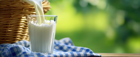 The pouring milk into a glass with a rustic basket backdrop.