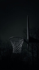 basketball hoop with net in dark night sky outdoor scene featuring bare trees and moody atmosphere in black and white tone