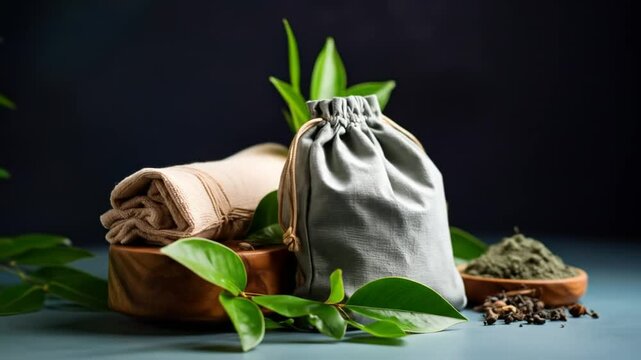 Spa-like arrangement with natural elements, a grey drawstring bag, and a wooden bowl