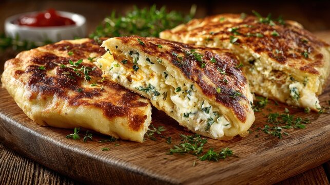 Freshly cooked, golden flatbread stuffed with creamy cheese and greens sits on a wooden board, garnished with vibrant herbs. A dish perfect for sharing or enjoying as a snack.