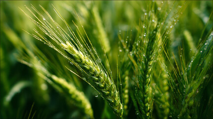 Green wheat ears close-up in sunlight with soft focused background showing agriculture growth and natural farm field atmosphere in summer.