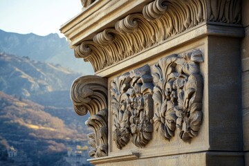 Intricate stone carvings adorn this architectural detail, set against a majestic mountain backdrop.