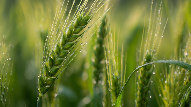 Green wheat spike close-up with morning dew drops on blurred natural background, fresh agricultural plant in early growth stage, sunlight highlights fine details.
