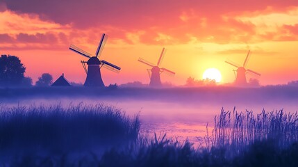 PPng of Majestic Sunrise Dutch Windmills in Misty Landscape on Transparent Background