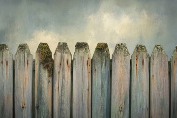 Fototapeta premium Weathered wooden fence posts stand tall against a cloudy sky, showing age and texture.