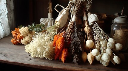 on a weathered wooden surface, multiple bundles of dried flowers and plants are artfully arranged