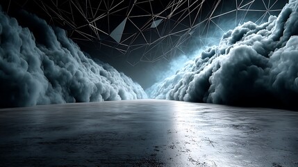 the scene features a vast, flat surface reminiscent of stone, leading into a distant, illuminated space