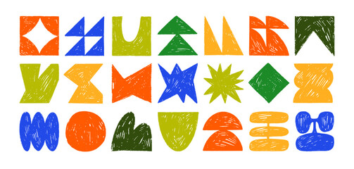 Colorful crayon drawn childish geometric shapes and forms. Hand drawn vector brutal symbols. Kid geometric stickers.