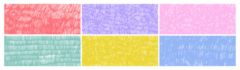 Pastel colored charcoal pencil patterns, kid crayon crosshatch. Childish pen scribbles, messy pencil short lines, colorful doodle strokes. Sketch vector illustration. Hand drawn crayon lines.