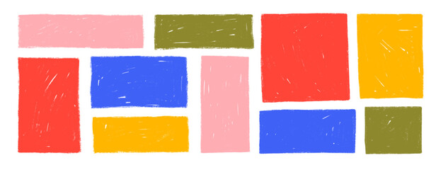 Colorful square and rectangle text boxes with rough crayon texture. Hand drawn childish frames, rough texture banners. Kid drawn basic geometric shapes. Cute memo stickers and notes.