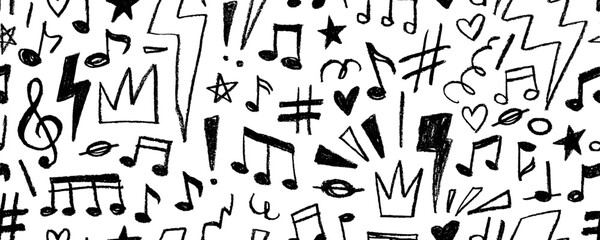 Musical punk seamless pattern with hand drawn notes, lightnings and scribbles. Doodle punk background. Crayon drawn grunge seamless banner design. Funky childish graffiti background.