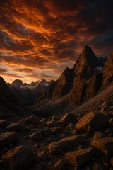Fototapete Dramatic mountain landscape at sunset with rocky terrain and vibrant sky © Denys