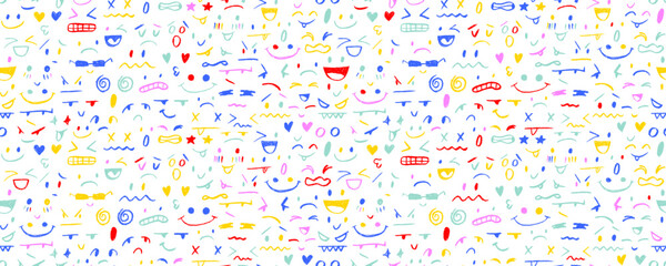 Funky seamless pattern with cute faces and emotions. Comic line art vector wrapping paper. Childish various emotions. Various colorful characters seamless banner design. Hand drawn cute faces.