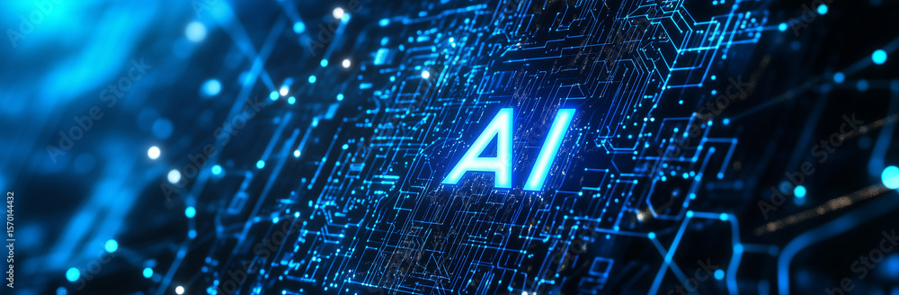 Poster abstract blue digital background with glowing ai letters on a circuit board