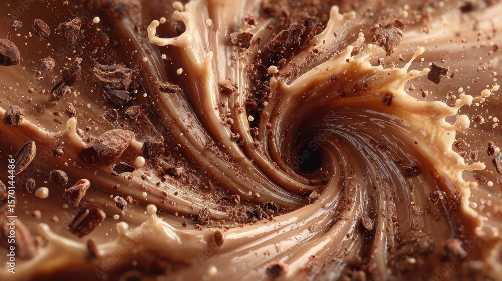 Poster close-up view of a whirlwind of chocolate, displaying splashes and chunks. the rich textures and col