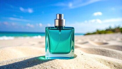 Teal perfume bottle on beach sand (2)