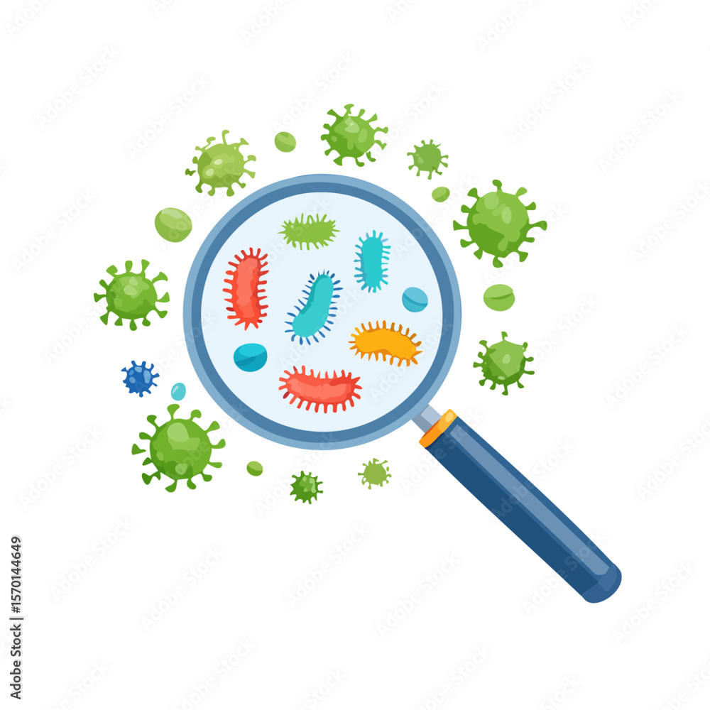 Poster magnifying glass examining various germs and viruses microscopic view of pathogens and infectious ag
