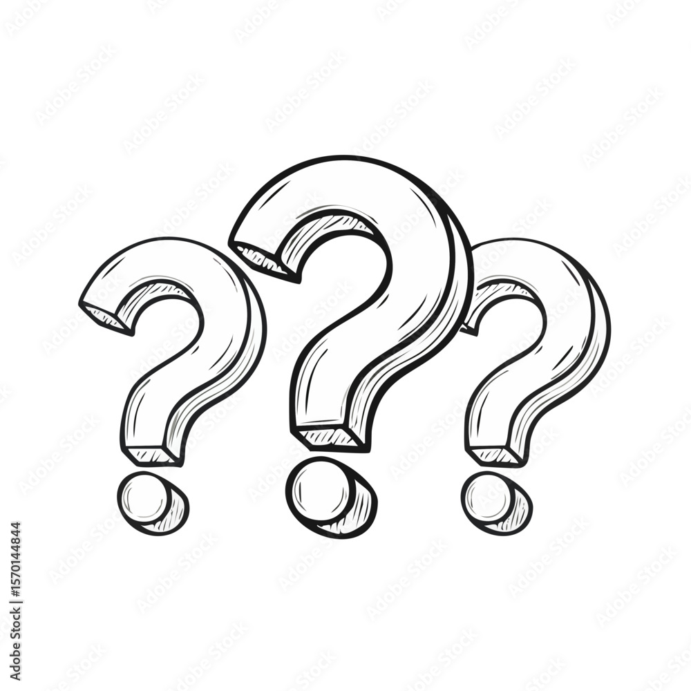 Poster three question marks sketched in white with shadows on a black background