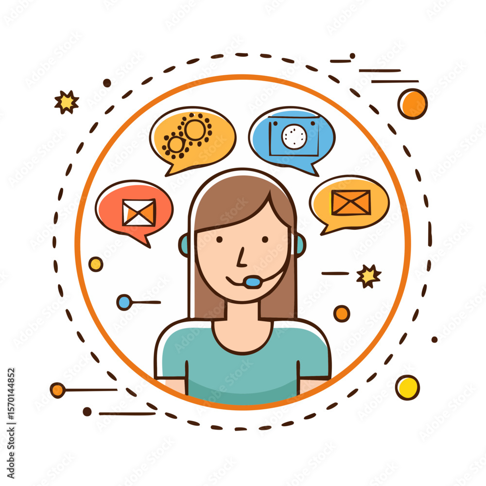 Poster customer service representative with speech bubbles explaining technical support