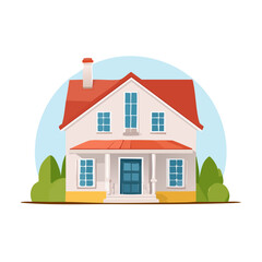 Charming house illustration with red roof and a blue door and windows, surrounded by green bushes and a light blue background
