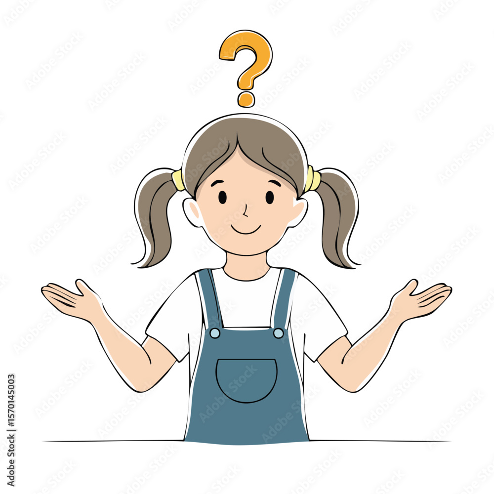Poster confused girl with question mark doubtful kid asking questions posing with open hands uncertainty an