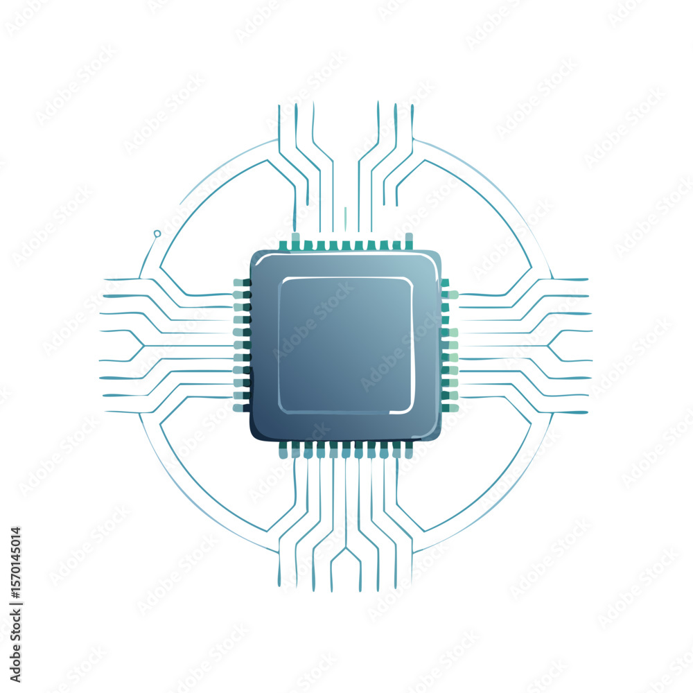 Poster computer processor with glowing circuit design on dark background, integrated technology connection