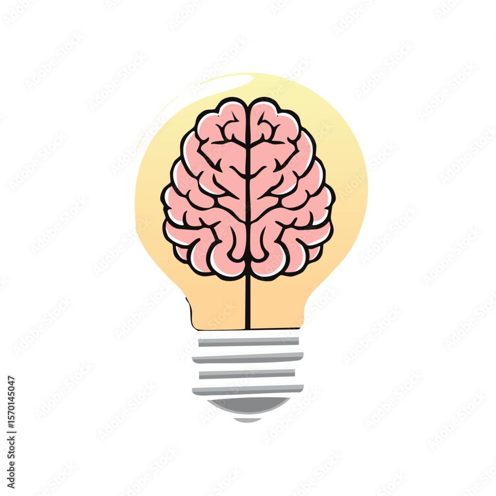 Poster brain inside light bulb symbolizing idea generation and creative thinking process on dark background