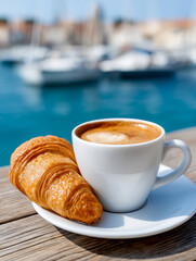 Freshly baked croissant placed beside a steaming cup of coffee on a wooden table, with a serene marina view in the background, creating a perfect morning ambiance for relaxation and enjoyment