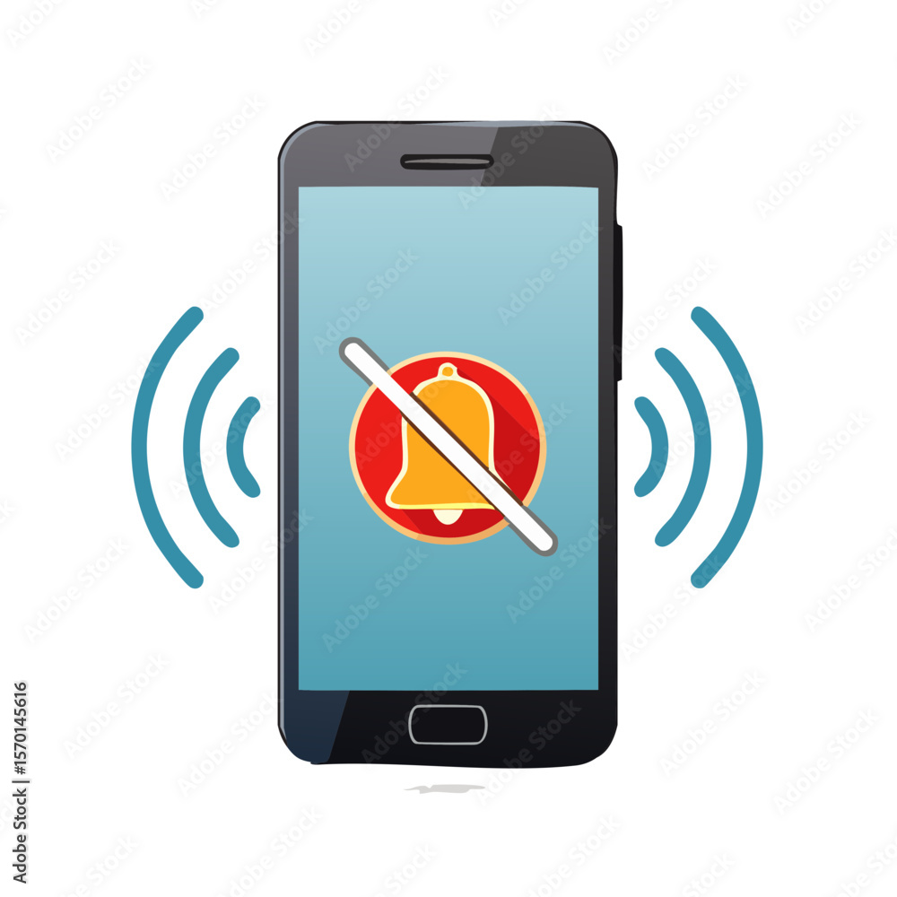 Poster smartphone with mute notification icon shows silence setting for calls and communication
