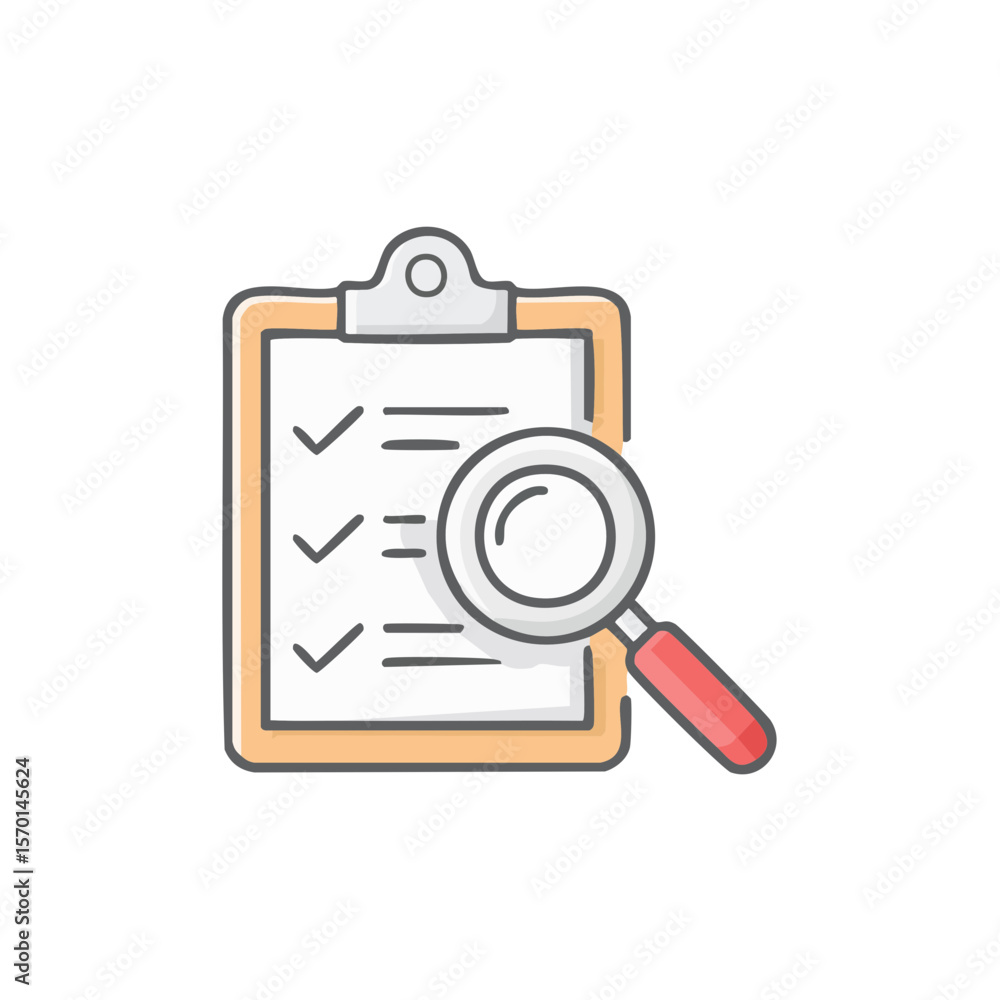 Poster magnifying glass analyzing checklist items on a clipboard doodle style icon vector, focus on tasks, 
