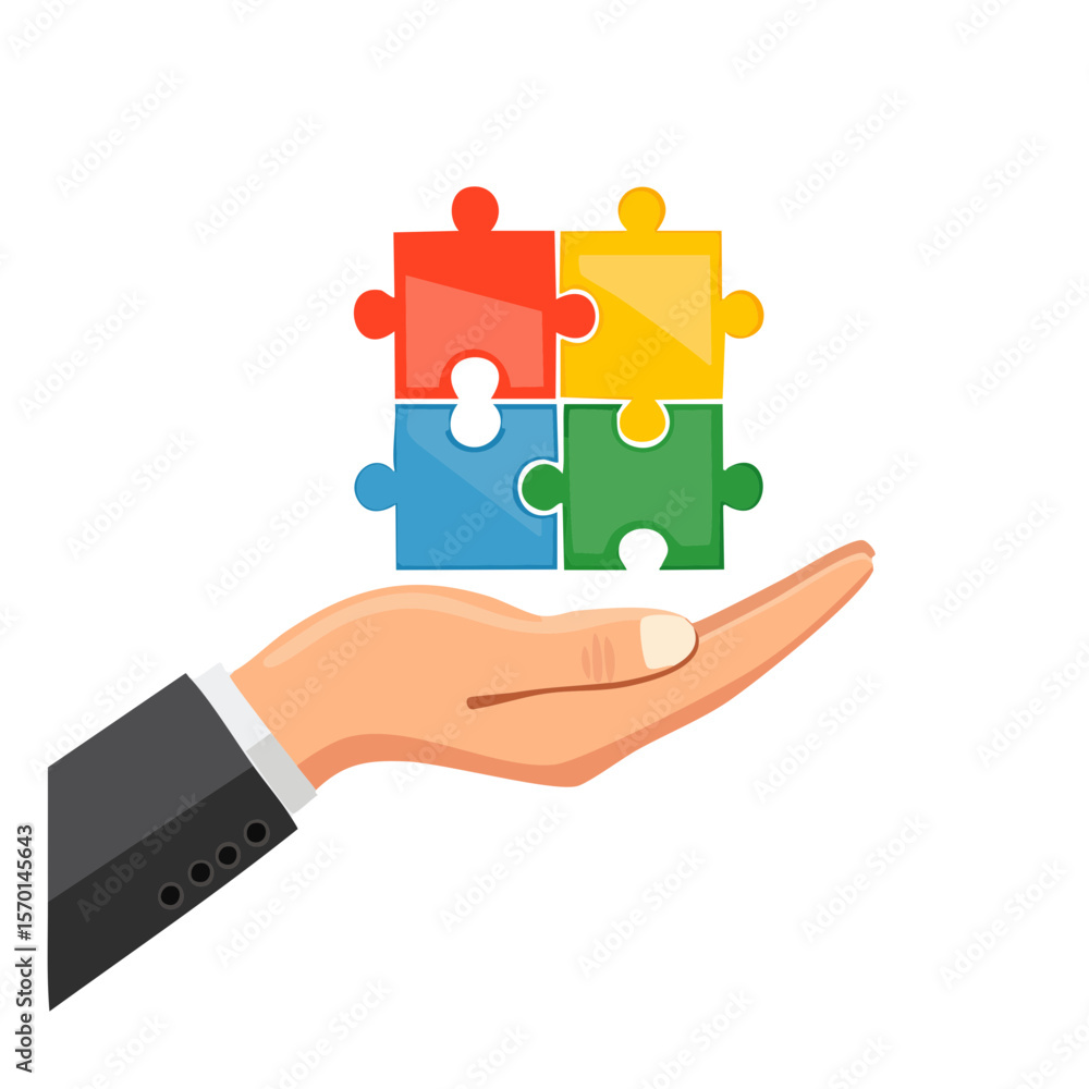 Aufkleber hand holding connected colorful jigsaw puzzle pieces symbolizing solutions and teamwork coordination