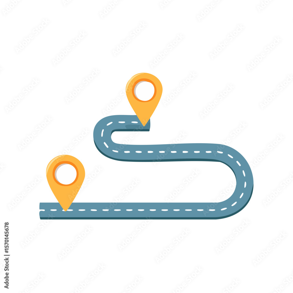 Aufkleber route mapping with yellow map pin pointers showing destination along curved road on black background